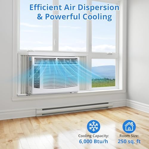 6000 BTU Window Air Conditioner, Cools up to 250 Sq. Ft., Energy Saving Window AC Unit with Remote & App Control & Timer Function & Easy Install Kit, Perfect for Small Bedroom, Living Room