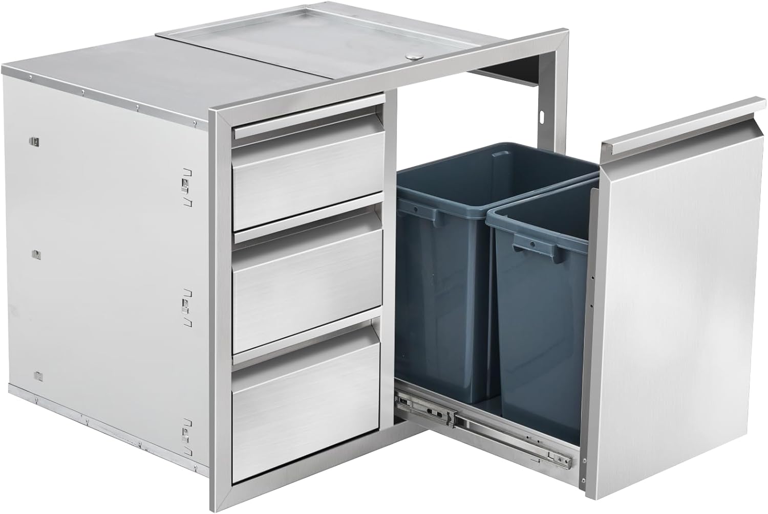 Outdoor Kitchen Drawer Combo, Stainless Steel Triple Drawer Cabinet with Built-in Trash Bin Drawer & Two Trash Cans, 28