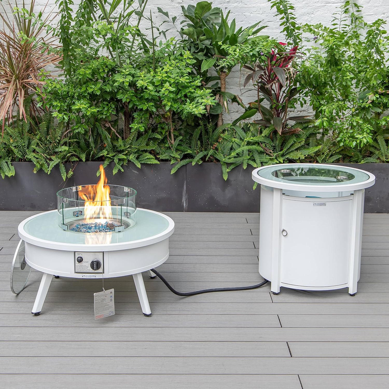 LeisureMod Walbrooke Modern Round Fire Pit Table and Tank Holder with Powder Coated Aluminum for Patio and Backyard Garden, White