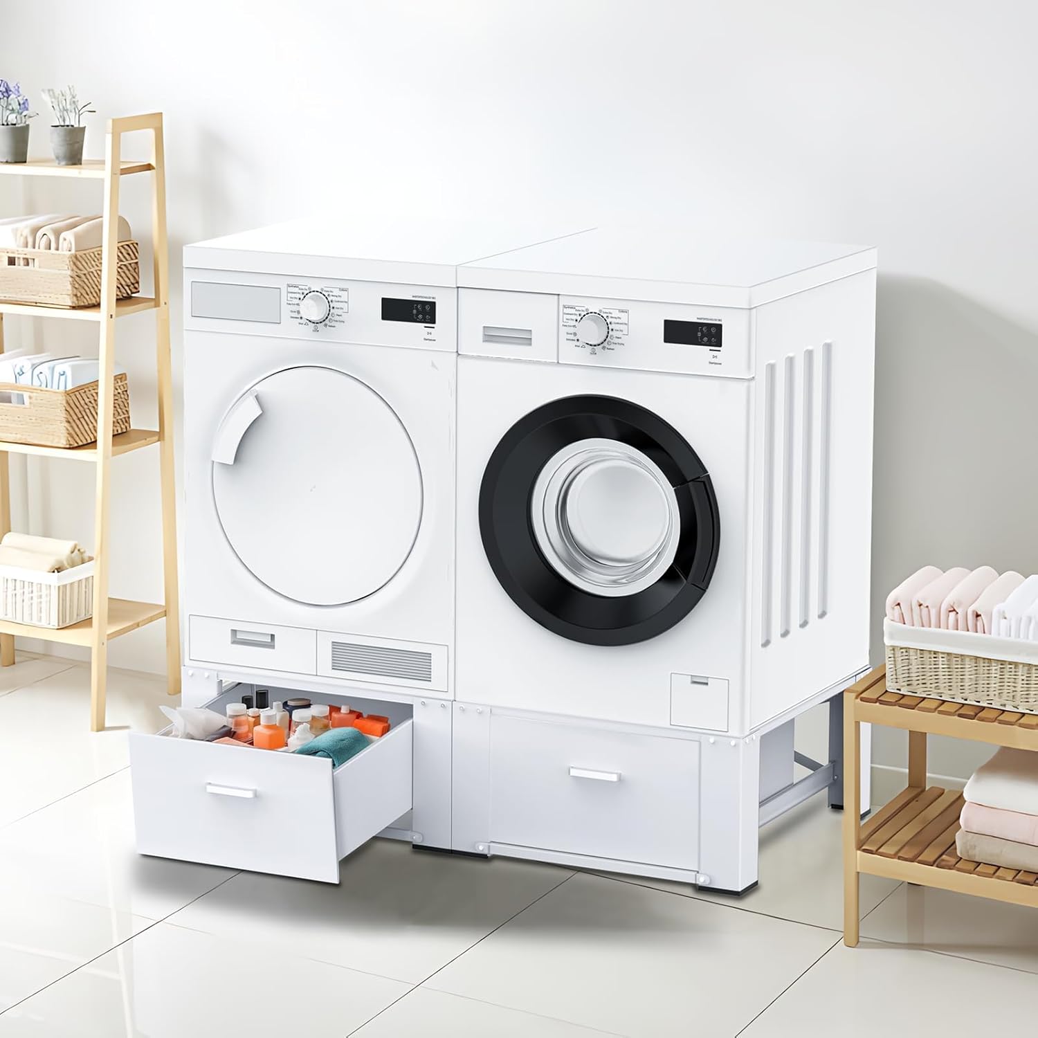 2 Pack Laundry Pedestals with Drawer, 29'' x 29'' x14.3'', Heavy-Duty Steel, Washing Machine Base Stand, Dryer Base Platform, Capable of Supporting 700 lbs, White