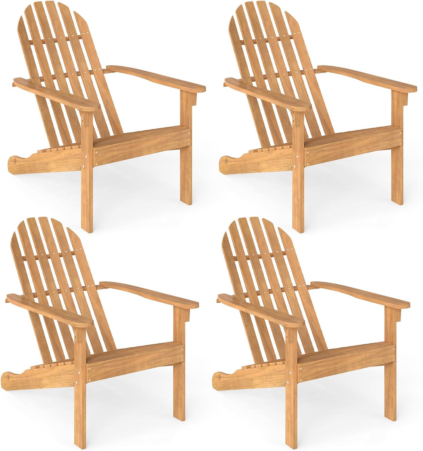 Tangkula Outdoor Adirondack Chair, Solid Acacia Wood Fire Pit Chair with Inclined Backrest, Curved Seat & Wide Armrests, Wooden Lawn Chair for Porch, Patio, Garden, Backyard, Deck (4, Natural)