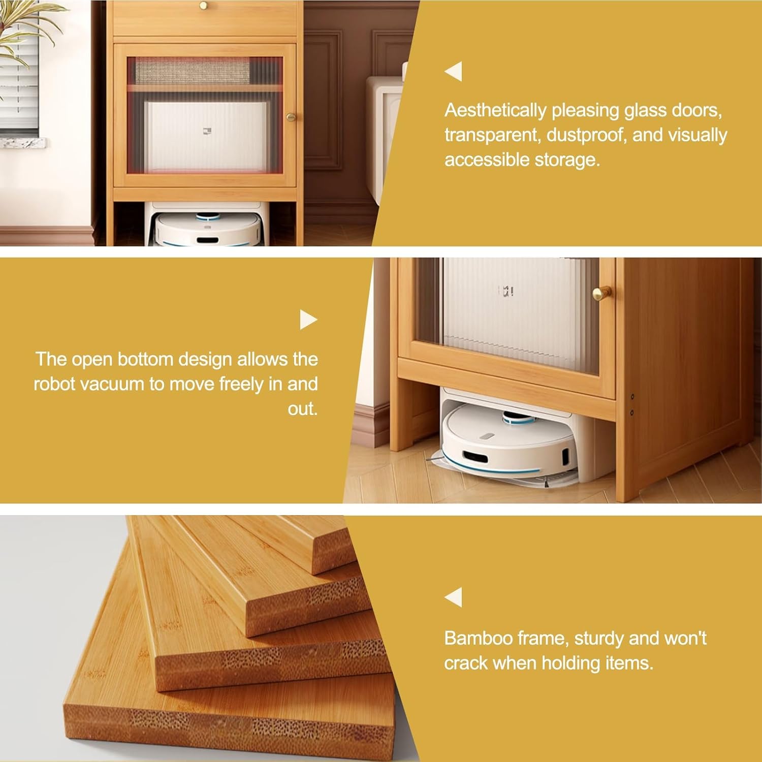 HARELA Bamboo Robot Vacuum Stand Cabinet, Storage Cabinet with Doors and Drawers for Robot Vacuum Cleaner, Hidden End Side Table for Living Room, Home Office(Yellow)