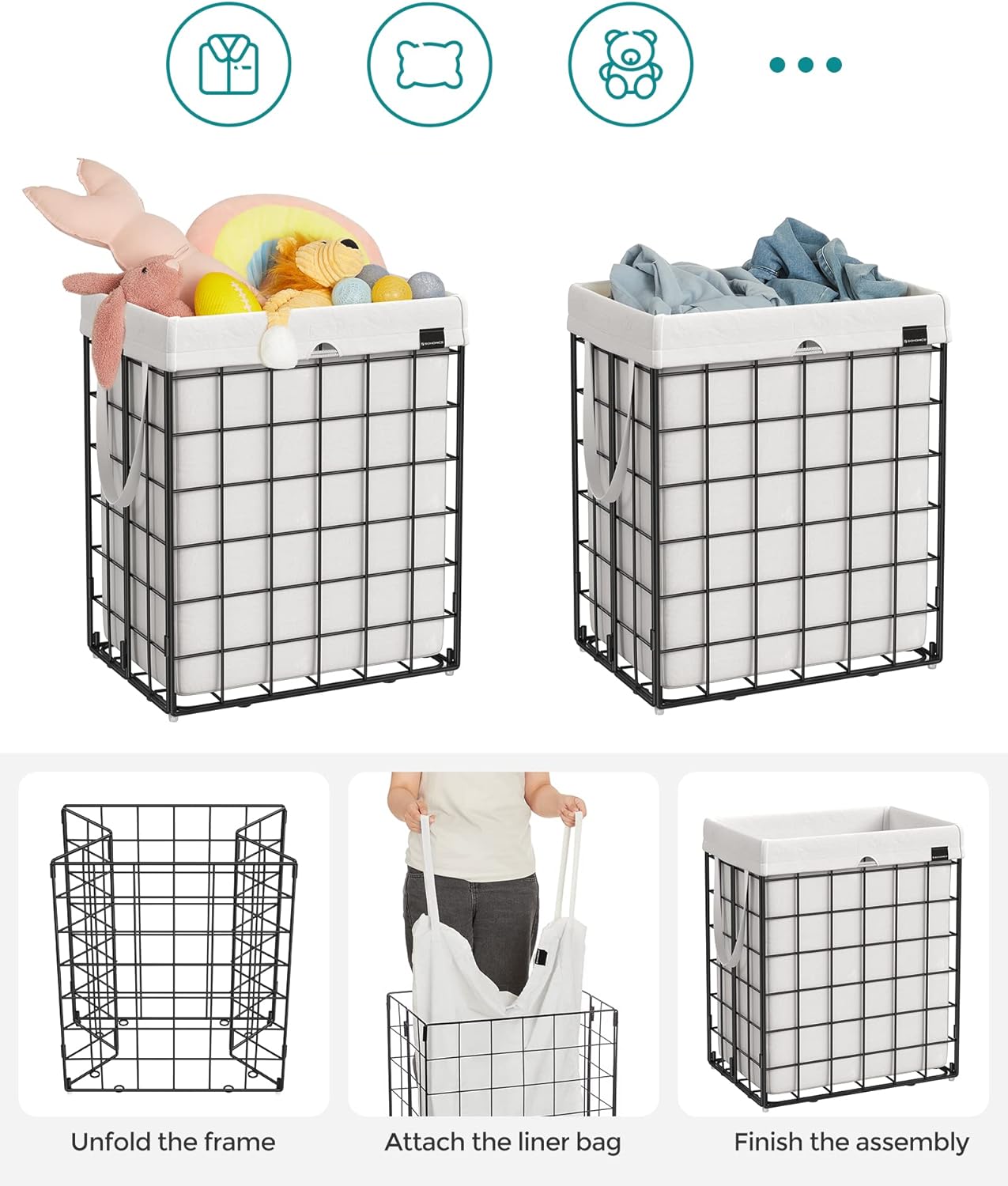 SONGMICS Laundry Hamper, 23.8 Gal. (90L) Laundry Basket, Collapsible Clothes Hamper, Black and White ULCB190W01