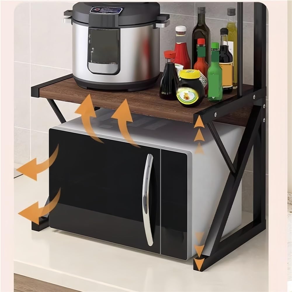 2 Tier Storage Organizer Rack, Wood Microwave Oven Racks with Drawer, Storages Cabinet Shelf for Kitchen, Restaurant(Brown)