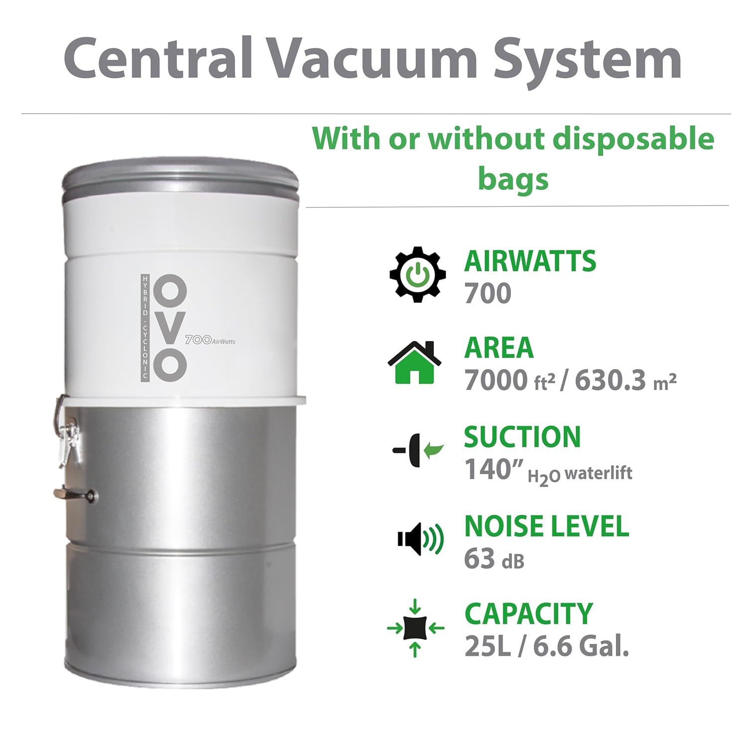 OVO Large and Powerful Central Vacuum System, Hybrid Filtration (with or Without Disposable Bags) 25L or 6.6 Gal, 700 Airwatts with 40 ft Carpet Deluxe Accessory Kit Included