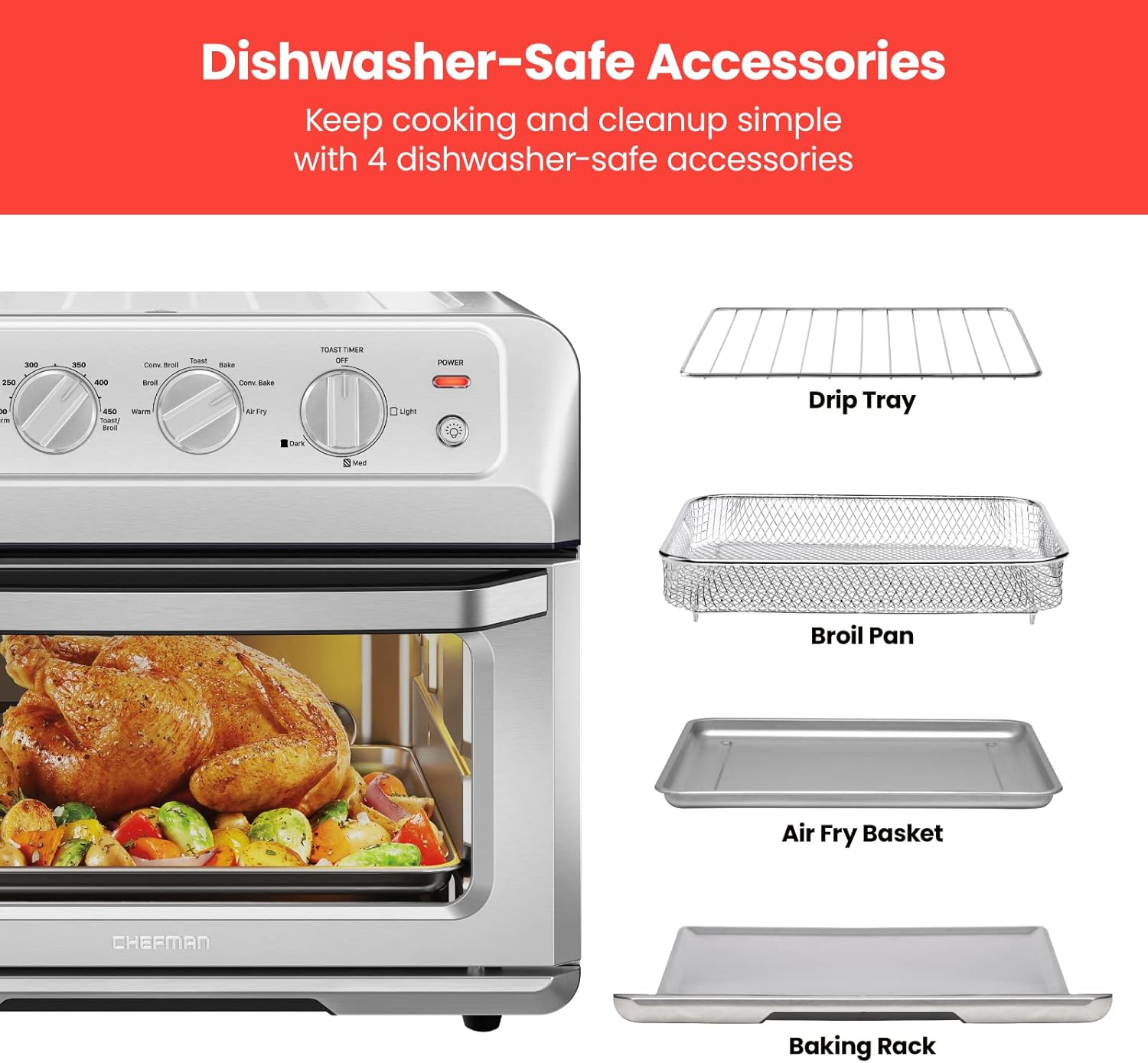 Chefman Air Fryer Toaster Oven Combo, 7-In-1 Convection Countertop 20 Qt fryer, Cook a 10 Inch Pizza, Fry 2 lb. of Chicken Wings, Toast, Broil, Auto Shutoff, Stainless