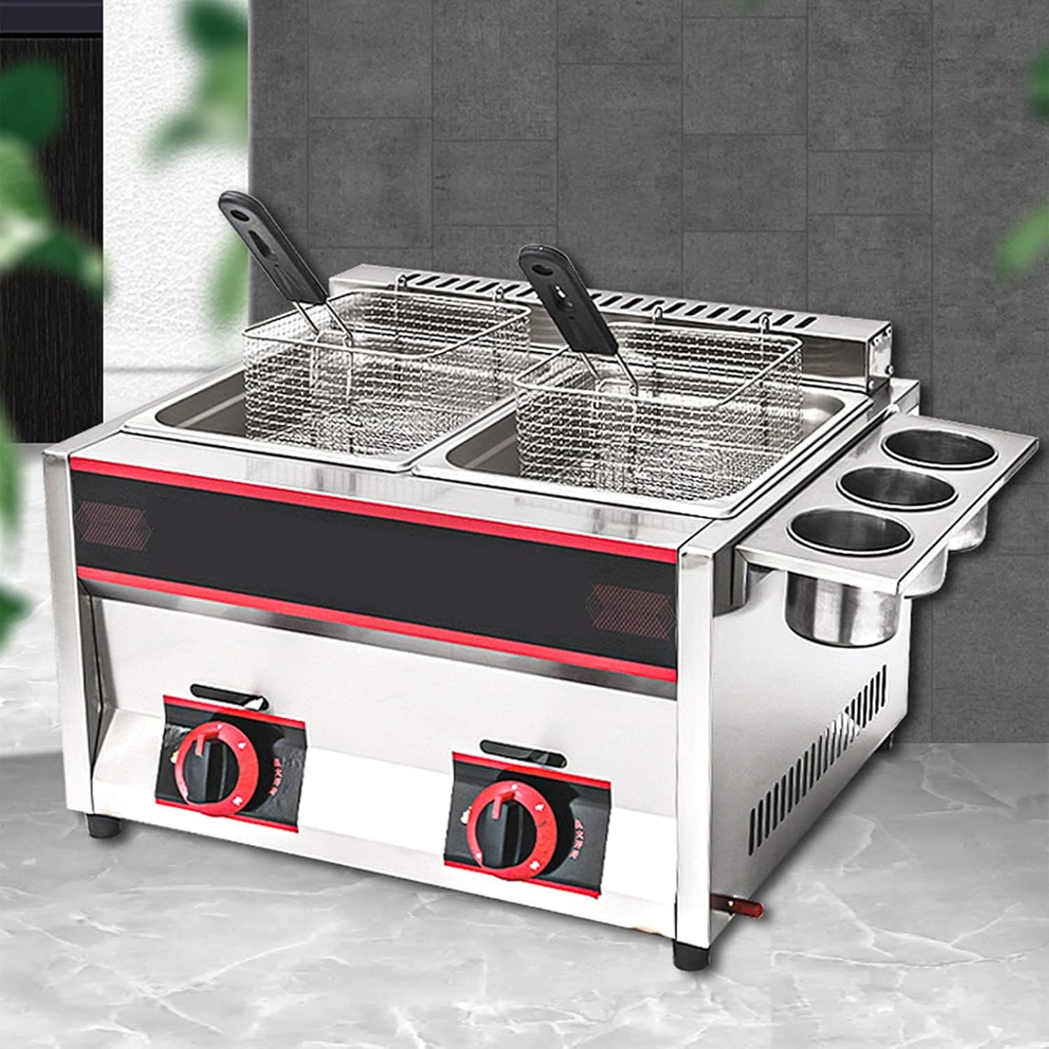 Large Capacity 22L Gas Fryer, Commercial Household LPG Gas Fryer, Freestanding Temperature Control, Adjustable Firepower, with Removable Baskets and Lid（Gas）
