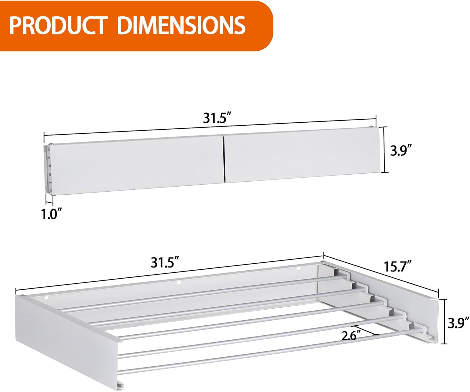 FOCHIER F Laundry Drying Rack Wall Mounted Clothes Drying Rack Collapsible with 5 Aluminum Rods and Drilling Template Long Screwdriver Bit 60 lbs Capacity (White, 31.5