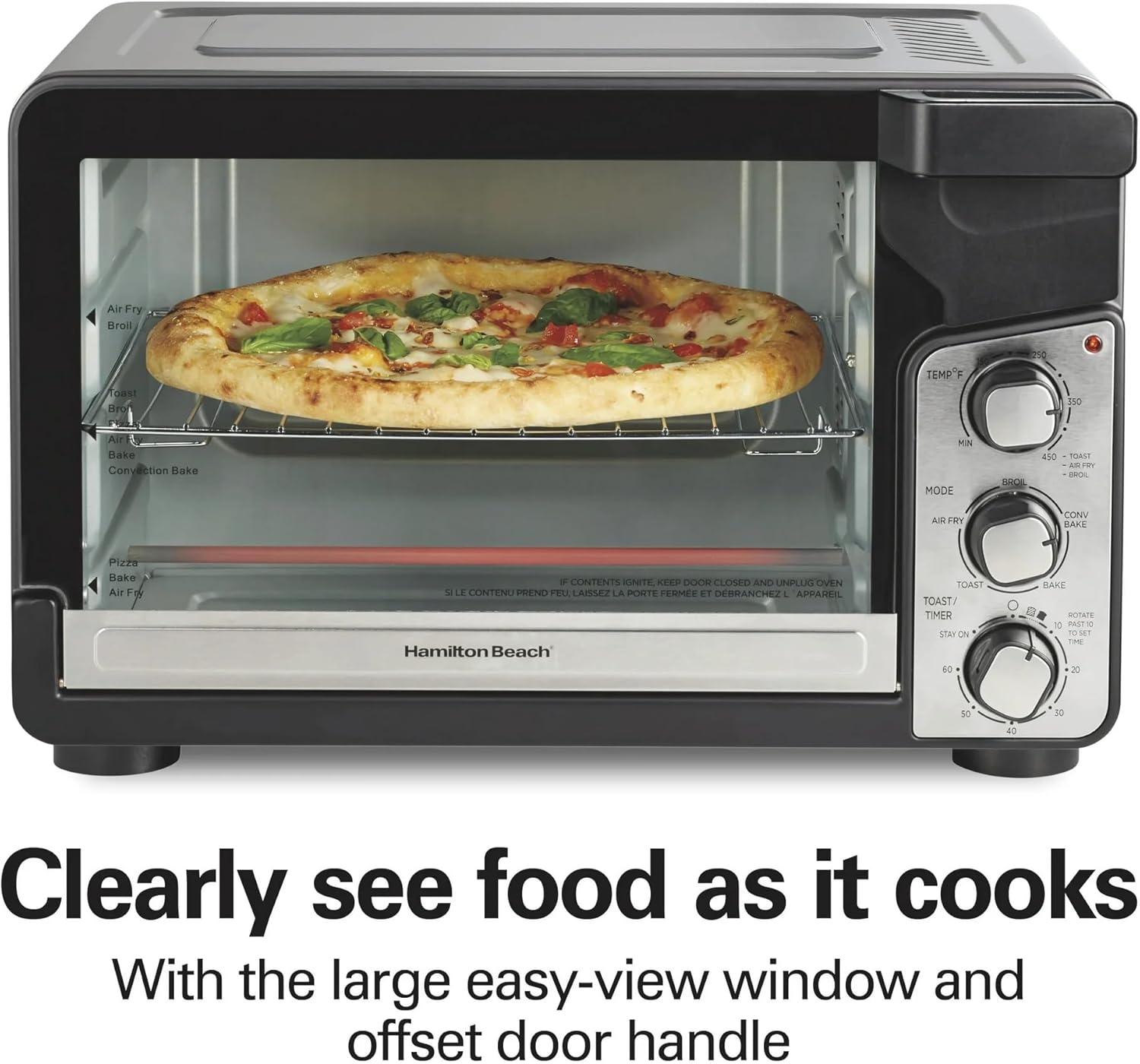 Hamilton-Beach Easy View XL Toaster Oven with Sure-Crisp® Air Fry, 1750W, 6-Slice Capacity, 12” Pizza Fit, 5 Cooking Modes, Extra-Large Window, Timer & Temp Control Dial, Air Fry Basket Included