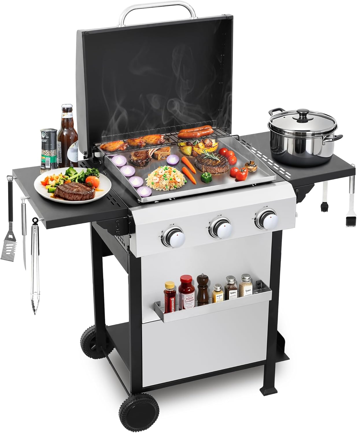 3-Burner Flat Top Propane Gas Grill Stainless Steel Griddle Combo with Foldable Side Table, 36,900 BTU Outdoor BBQ Grill, Porcelain-Enameled Cast Iron Grids, for Backyard, Patio Cooking