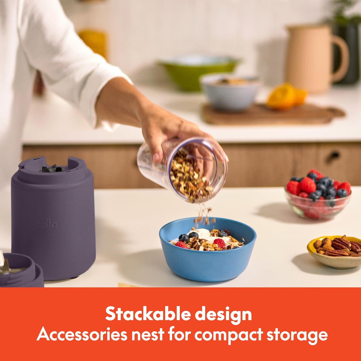 bella 6 Pcs Portable Rocket Blender, Juicer & Smoothie Maker, Press & Twist Design, EverGood™ & BPA Free Dishwasher Safe Parts, 4 Tip Stainless Steel Blade, Cord Wrap, 240 Watt Motor, Plum