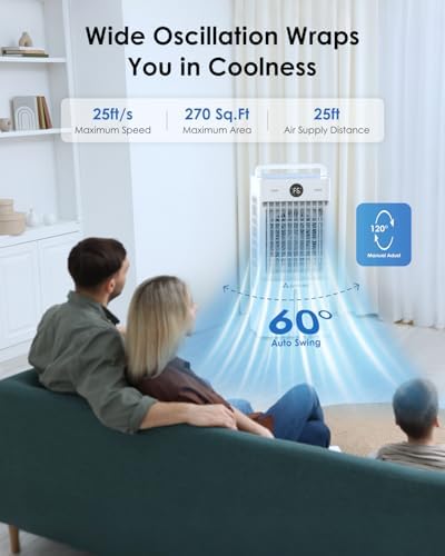 Swamp Cooler, 3-IN-1 Evaporative Air Cooler with Display & Remote, Windowless Portable Air Conditioners with Ice Cooling, 12H Timer, 6 Speeds, 60° Oscillation, Air Cooler Fan for Home Office