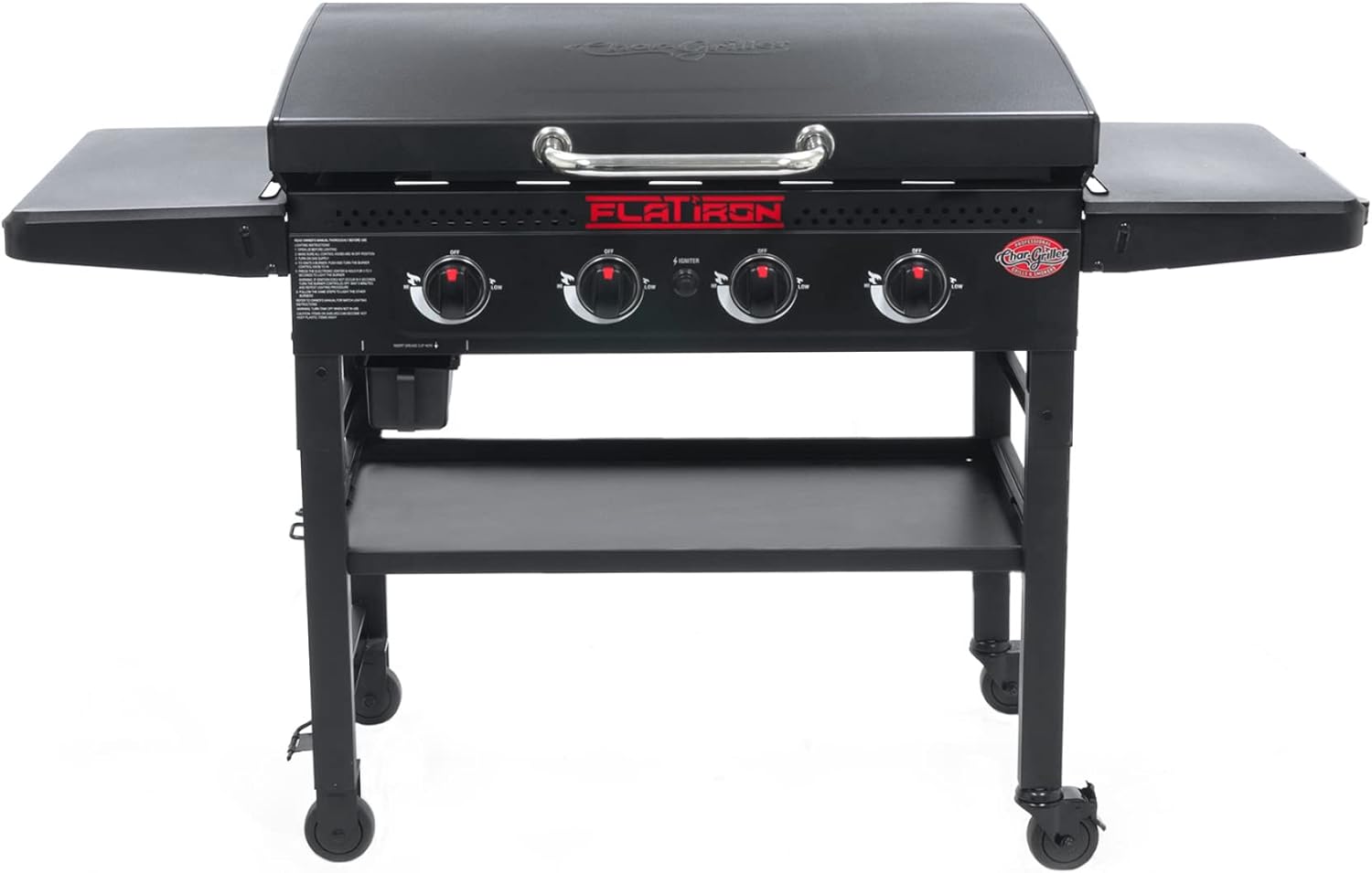 Char-Griller® Flat Iron 4-Burner Propane Gas Flat-Top Griddle with Steel Griddle Top, Hinged Lid, Wind Guards and Instant-Ignition, 775 Cooking Square Inches in Black, Model 8136