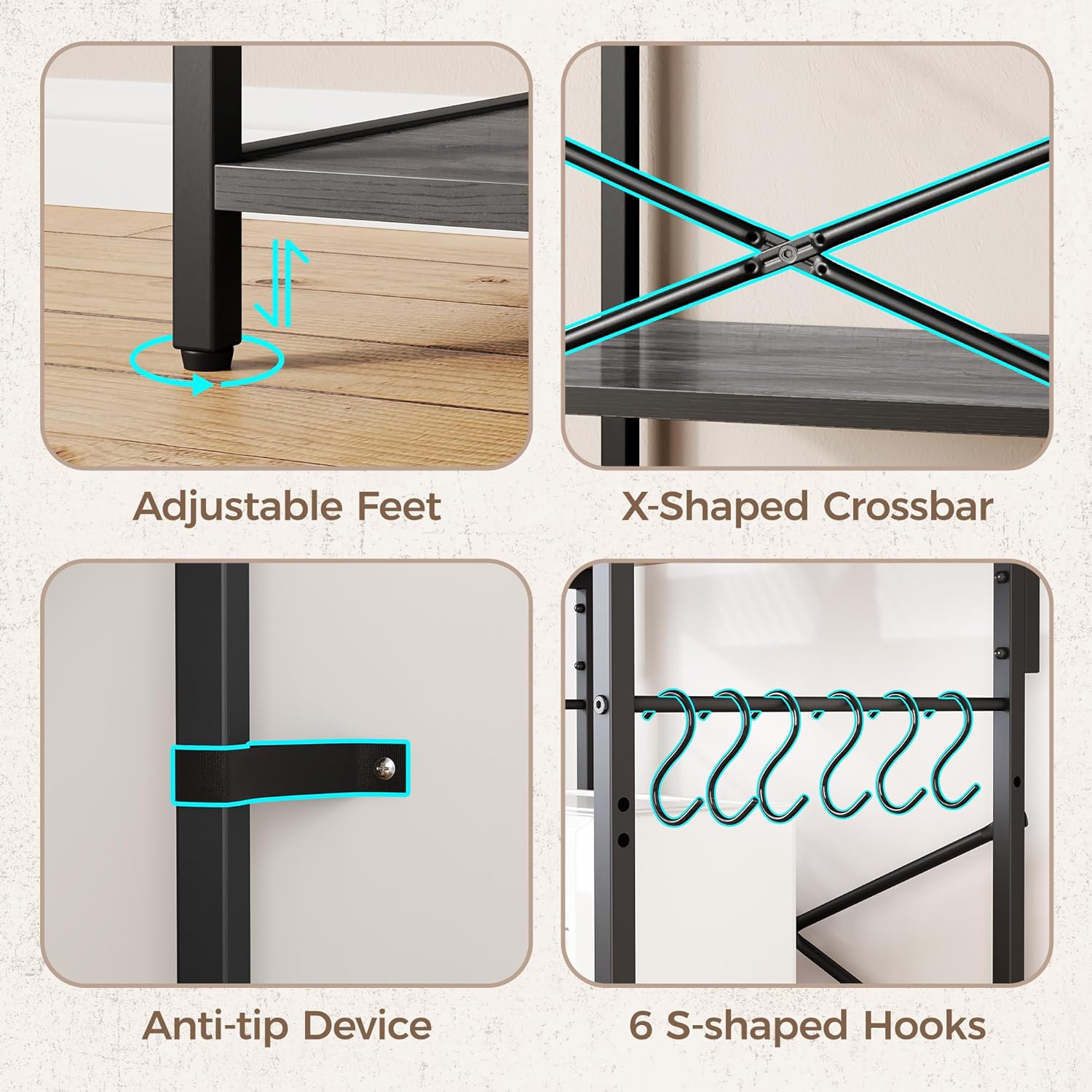 SUPERJARE Kitchen Bakers Rack with Power Outlet, Coffee Bar Table 4 Tiers, Kitchen Microwave Stand with 6 S-Shaped Hooks, Storage Shelf Rack for Spices, Pots and Pans - Charcoal Gray