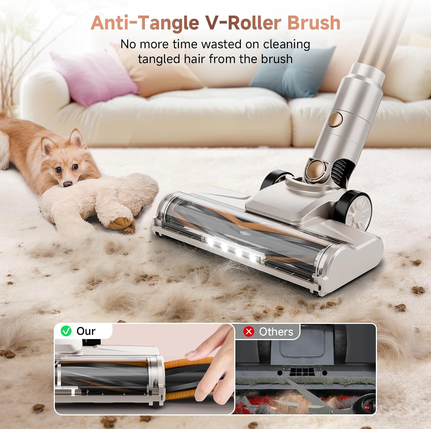 Cordless Vacuum Cleaner, 550W/45KPA Powerful Suction Cordless Stick Vacuum Cleaners for Home, Anti-Tangle Brush, Lightweight, 6-IN-1 Rechargeable Vacuum for Pet Hair/Carpet/Hard Floor(Off-White)