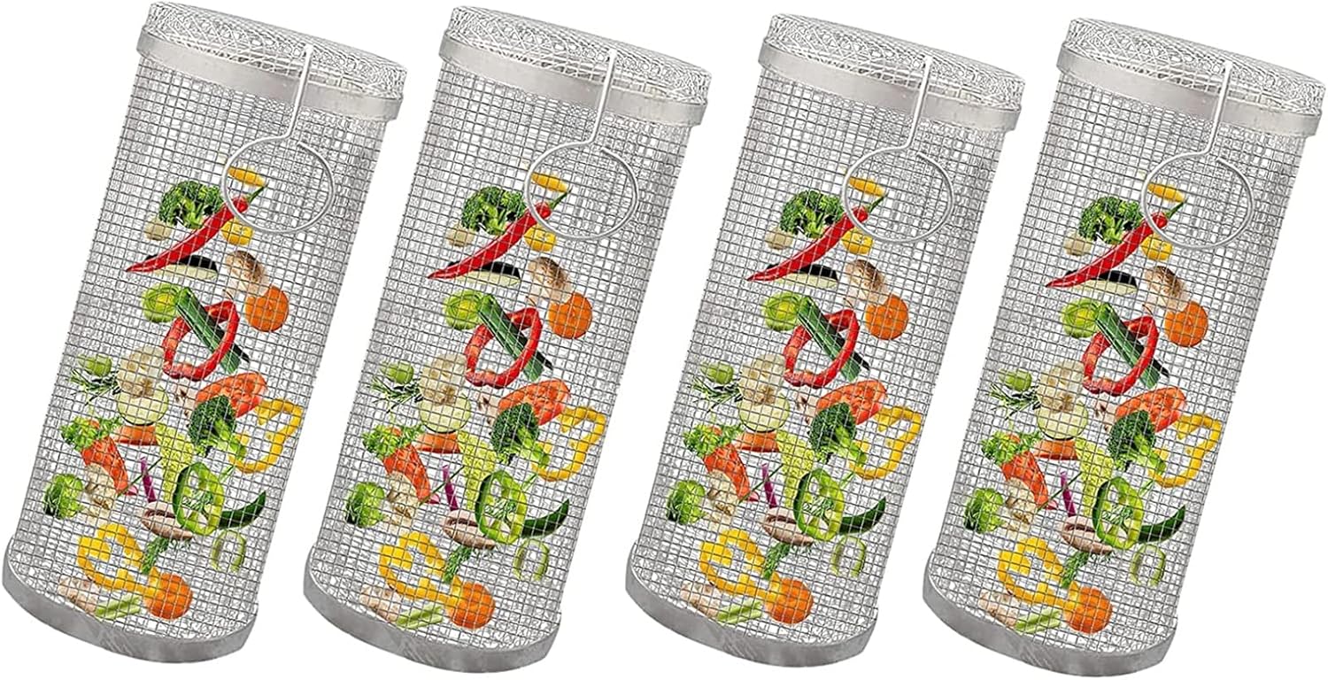 Rolling Grilling Basket, Stainless Steel Wire Mesh Cylinder Grill Basket, Portable Outdoor Camping BBQ Rack for Fish, Shrimp, Vegetables, Barbeque Griller Cooking Accessories,3 Pack,30CM