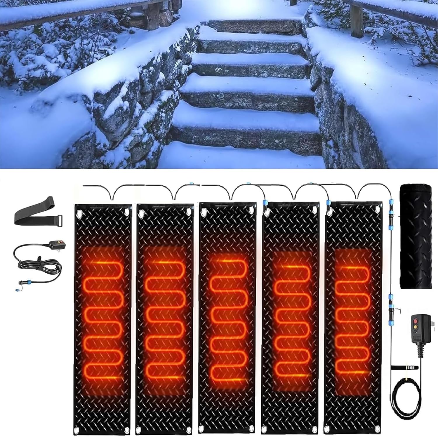 Snow Melting mats, No-Slip Heated Snow Melting Mats, Winter Black Heated Snow Melt Mats Non Slip Rubber Heating Entrance Mats with Plug Power Cord for Outdoor Use,5 Pcs-40x200cm/15.7x79in