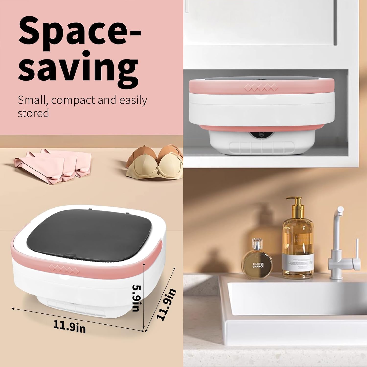Portable Washing Machine, Mini 16L Foldable Washer and Dryer with 3 Modes Deep Cleaning, Upgraded Small Collapsible Laundry for Hotel, Apartment, Home and Travel - Pink