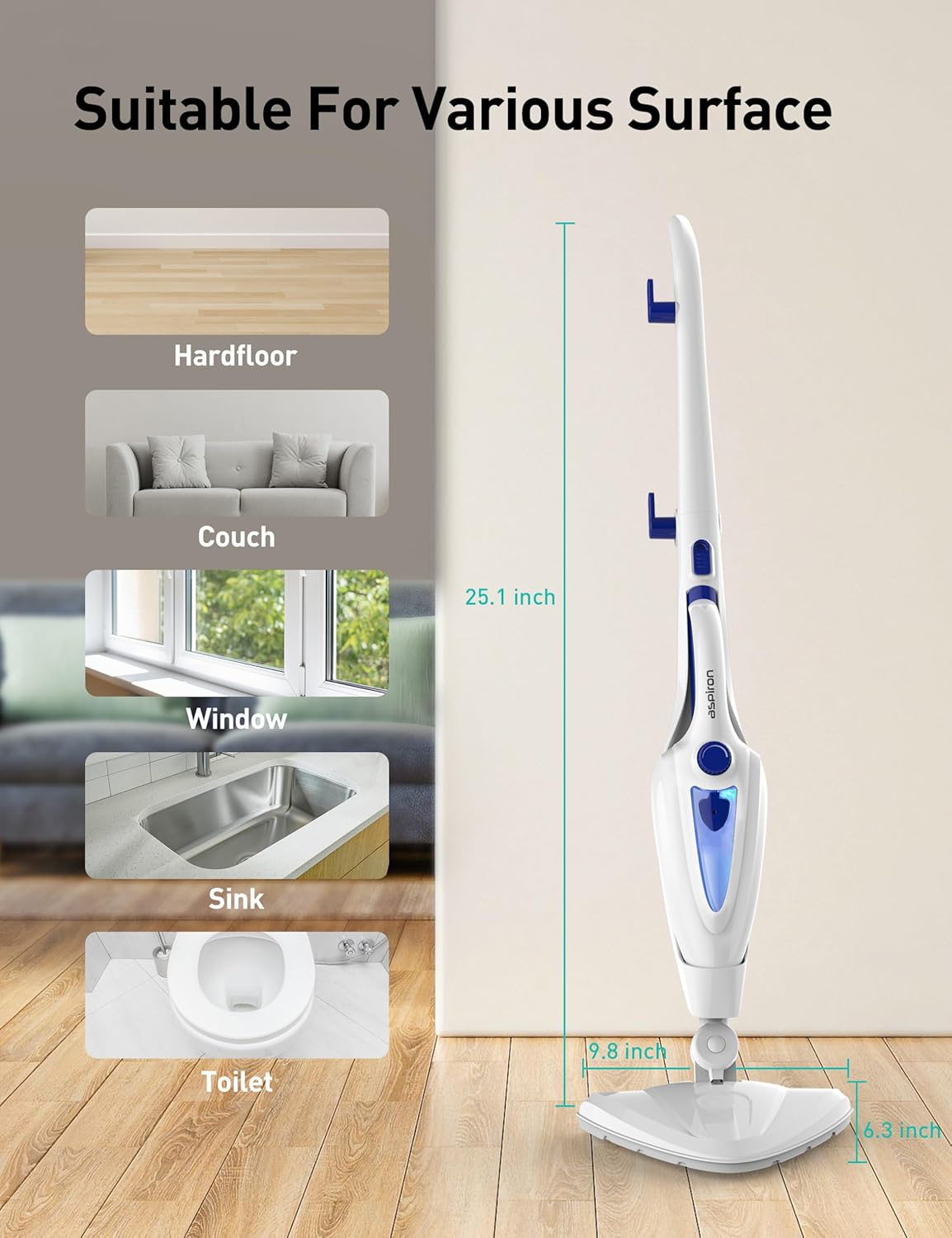 12-in-1 Steam Mop, Fast 15-Sec Heat-Up, 1500W Detachable Handheld Steam Cleaner with 2 Dirt Grip Pads, Removes 99.99% Stubborn Stains for Hardwood Floors, Clothes, Windows, Tiles, Furniture, Black