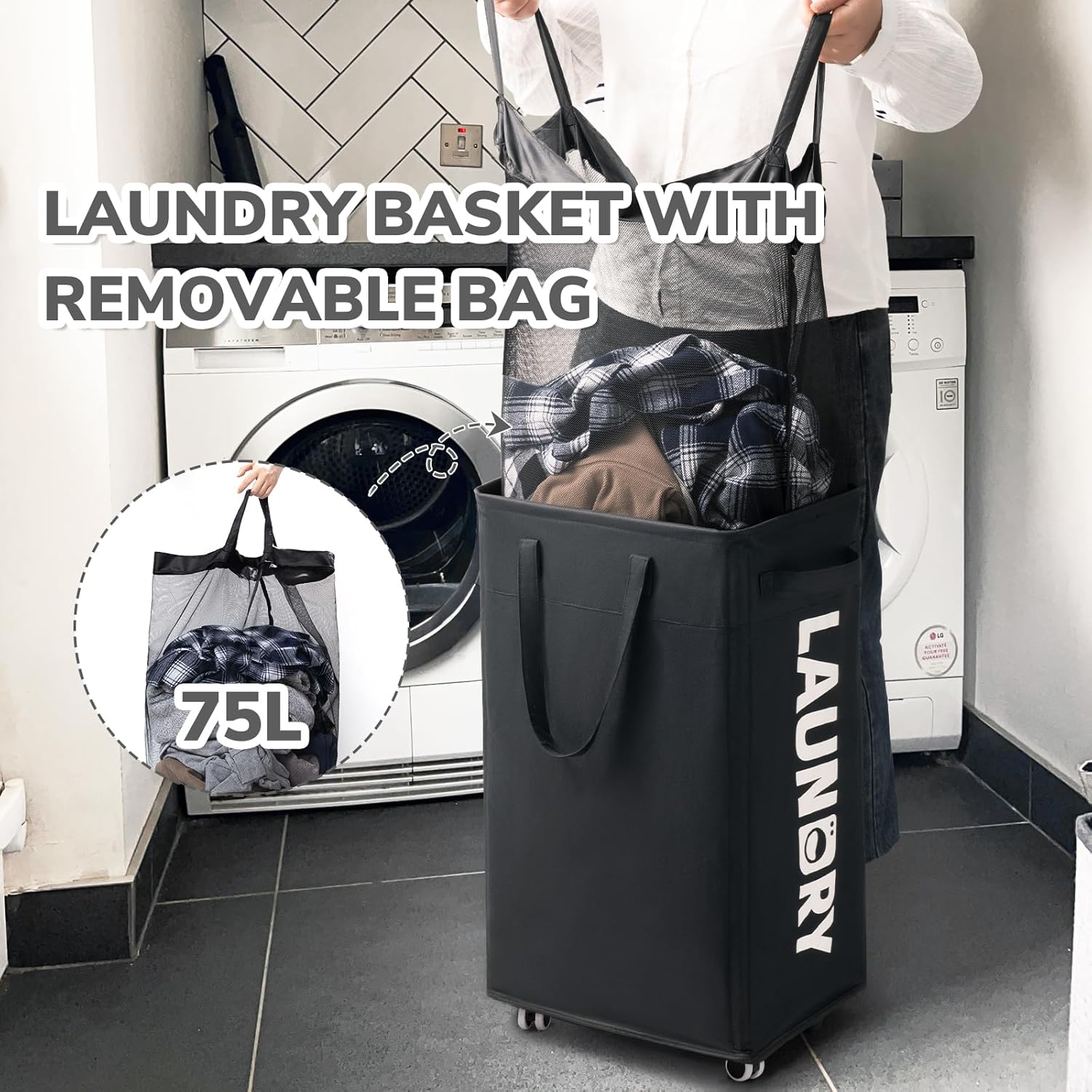 CHICVITA 2 Pack Laundry Hamper with Wheels & Removable Wash Bags, 75L Tall Laundry Basket for Dorms, Large Collapsible Hamper for Corner Spaces - Black