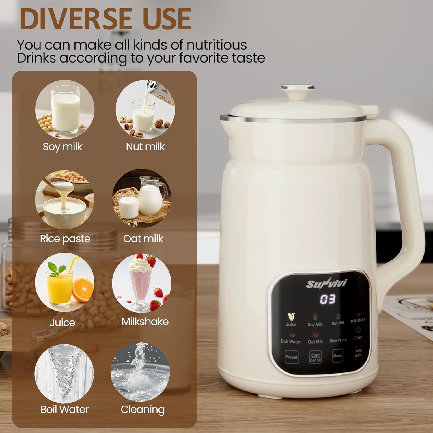 Sunvivi 8 in 1 Nut Milk Maker Machine: 60oz Soy Milk Maker for Soy/Nut/Oat Milk, Juice, Milkshake, Rice Paste and Boil Water, Countertop Blender with Delay Start/Keep Warm/Self Clean, Food Processor