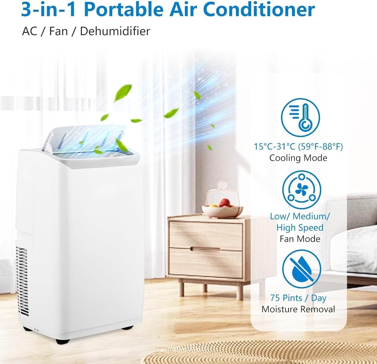 Portable Air Conditioners, 14000 BTU Portable AC Cools Rooms Up to 750 Sq. Ft. Includes Fan, Dehumidifier, Remote, and Sleep Mode. Easy to Install, Ideal for Bedrooms and Living Rooms, Black