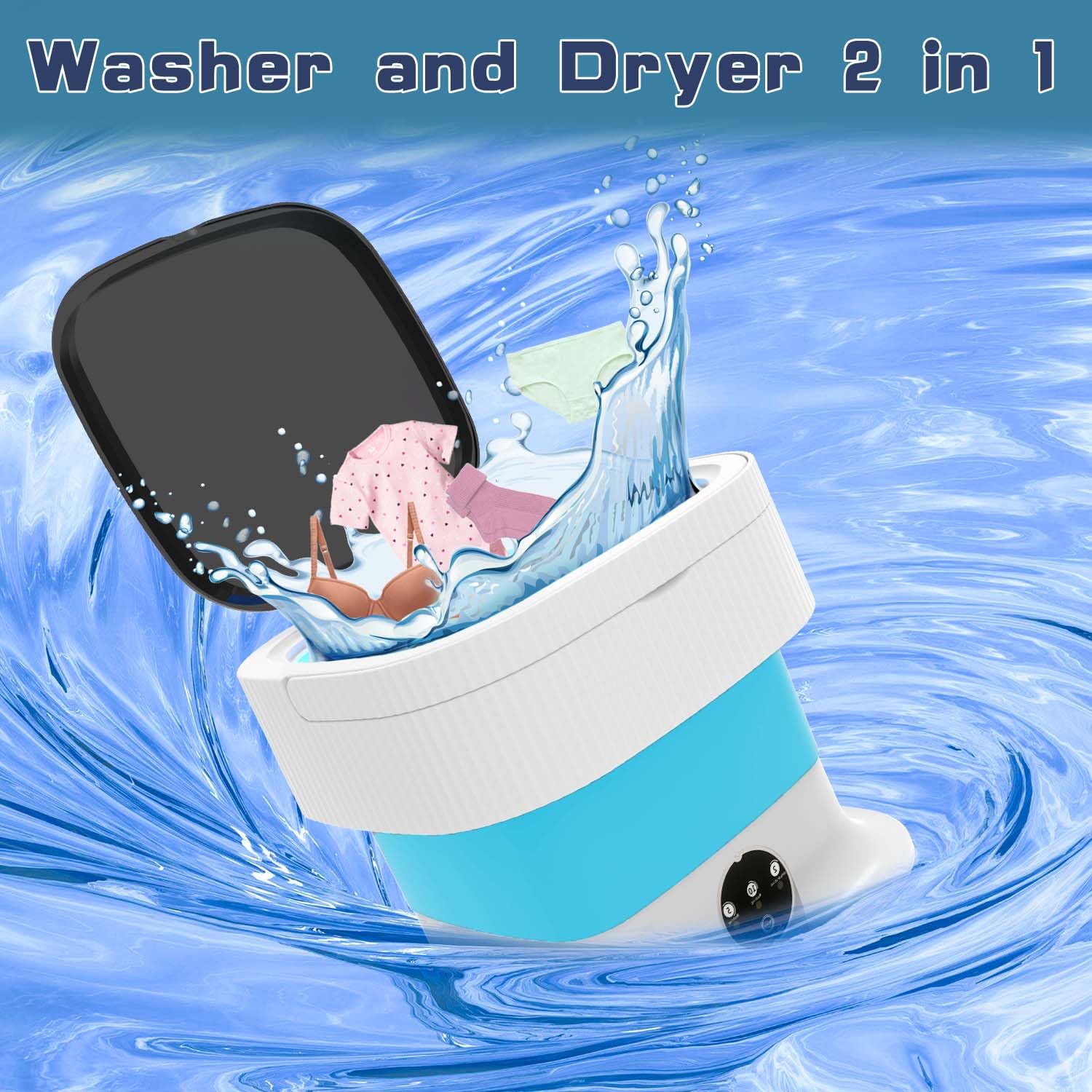 Portable Washing Machine, 16L Large Capacity Mini Washing Machine, Small Foldable Collapsible Washer and Dryer with Spin for Travel, Socks, Baby Clothes, Underwear (Blue)