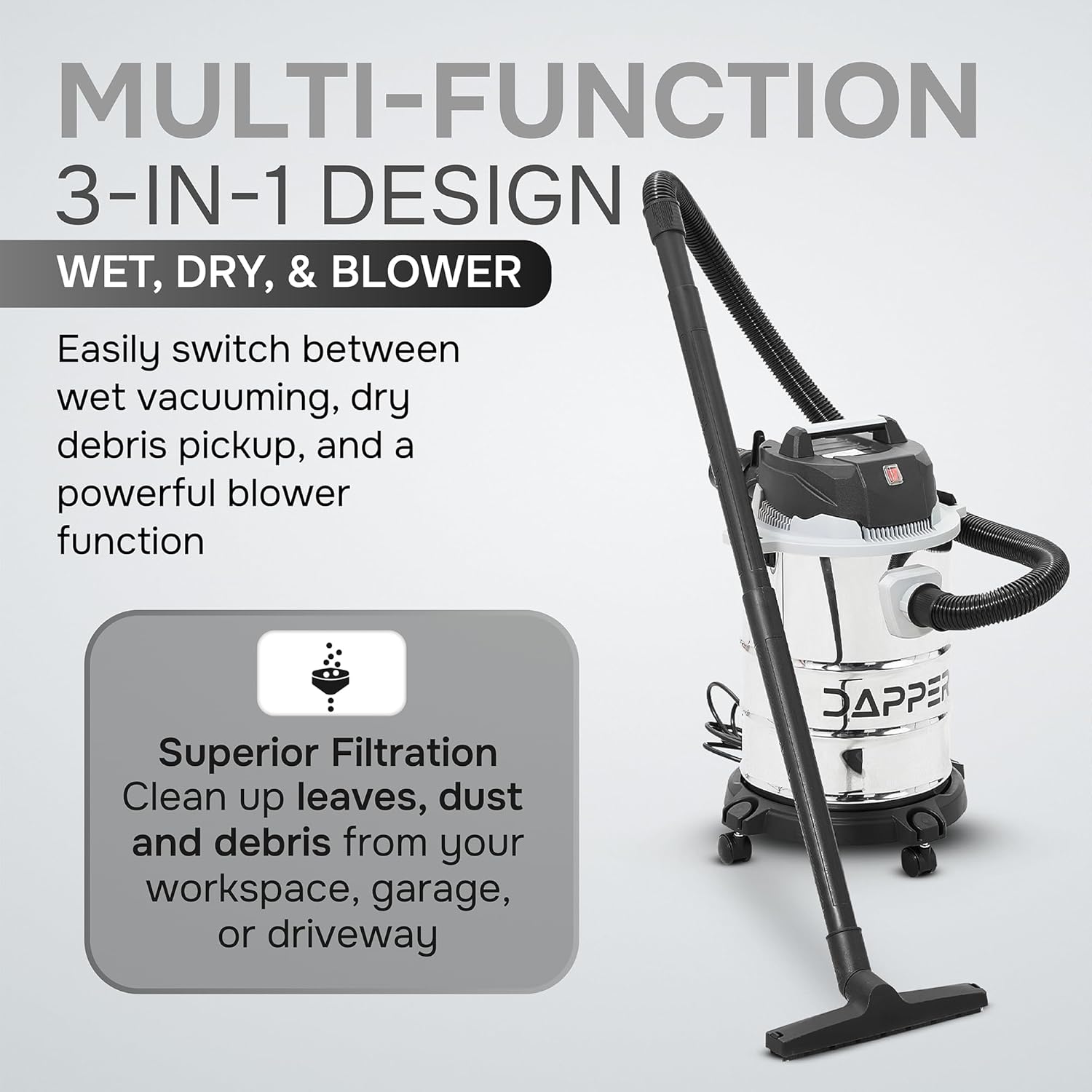 6 Gallon 3.0 Peak HP Wet/Dry Vacuum, Stainless Steel Tank, 3 in 1 Function Portable Shop Vacuum with Attachments, Ideal for Jobsite, Garage & Workshop.