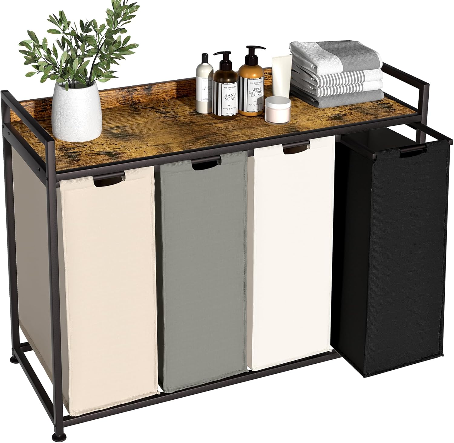 Laundry Hamper with Shelf, Laundry Basket 4 Section, Laundry Sorter with Pull-Out Removable Large 4 Color Bags and Movable Wheels, Metal Frame, 4 x 15.87 Gallons (60L), Rustic Brown PF07XLN