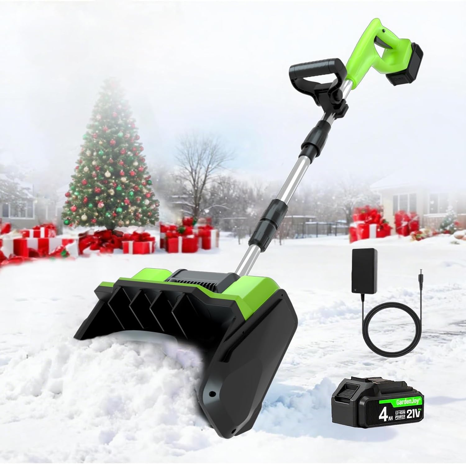 Cordless Snow Shovel, 21V Cordless Electric Snow Blower with Battery and Charger, 19FT Throw Distance, Lightweight 9.9lb for Driveway, Sidewalk, Steps, Patio(Green)