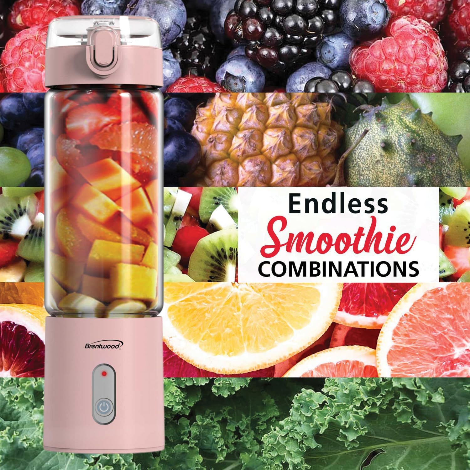 Brentwood 50-Watt 17-Oz. Portable Battery-Operated USB-Chargeable Glass Blender (Pink)