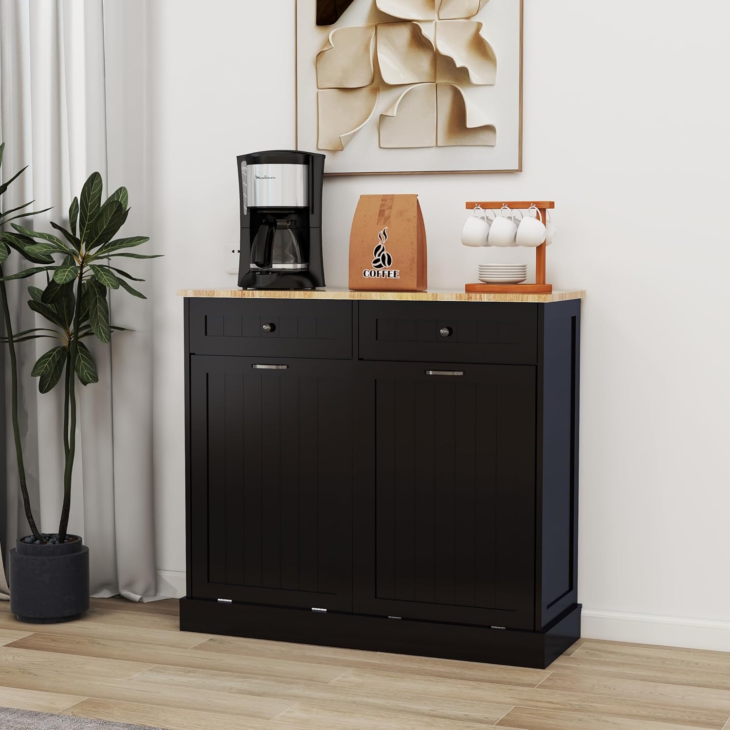 Two Drawers&Compartment Tilt-Out Trash Cabinet, Black Kitchen Trash Cabinet-Ideal for Kitchen Island Extension, Laundry Room Storage, Recycling, Holding Small Appliances