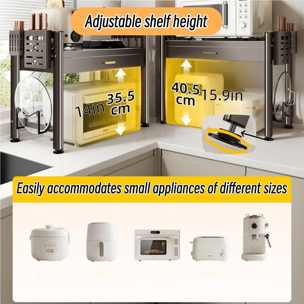 Adjustable Microwave Oven Countertop Rack, Microwave Oven Rack, Kitchen Counter Shelf, 2 Tier Metal Kitchen Countertop Organizer Shelves with 6 Hooks(59cm-23.2in)