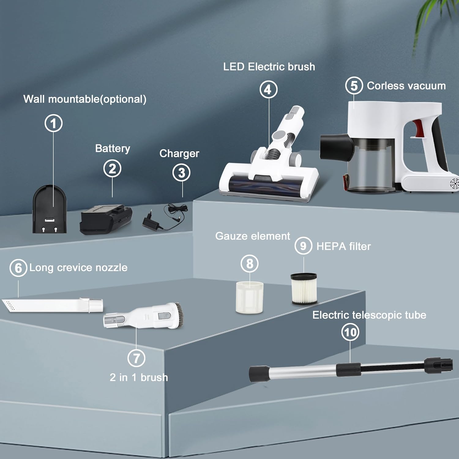 Cordless Vacuum Cleaner, Powerful Brushless Motor, 6-in-1 Lightweight Vacuum Cleaner, Wall Mount with LED Display and Motor Mop Light for Pet Hair/Hardwood Floors/Car（Lvory）