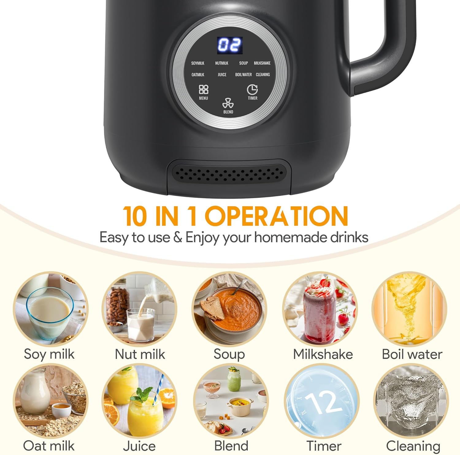 8-in-1 Nut Milk Maker, 40oz Blender Homemade Almond, Oat, Soy, Coconut Milk, Juice & Soup, Electric Bean Milk Machine with Delay Start/Auto-Clean/Boil Water/Keep Warm (Black)