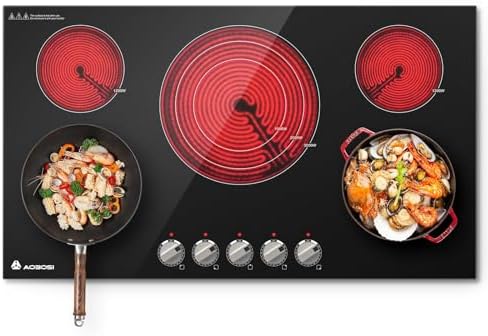 AAOBOSI 36 Inch Electric Cooktop 5 Burners, Upgraded 9000W Knob Control Built-in Ceramic Cooktop,Electric Stove Top,9 Heating Level, Chlid Lock Timer, ETC&FCC 220V~240V for Hard Wire(No Plug)