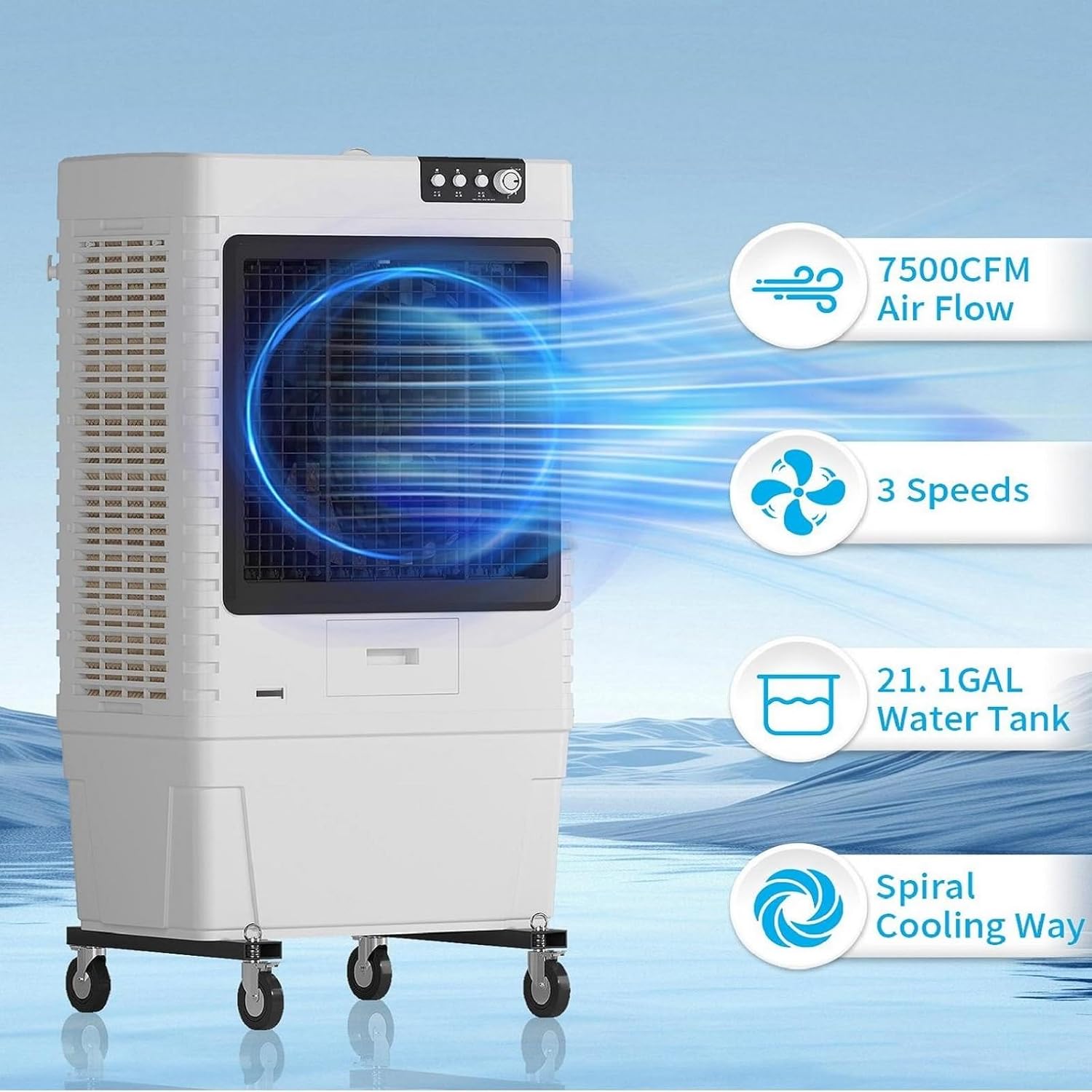 TABU 7500 CFM Swamp Cooler Air Conditioner, Evaporative Air Cooler with 21.1 Gal Water Tank, 3 Speeds, 120°Oscillation, Ice Packs, Outdoor Air Conditioner for Garage, Patio, Yard, Factory