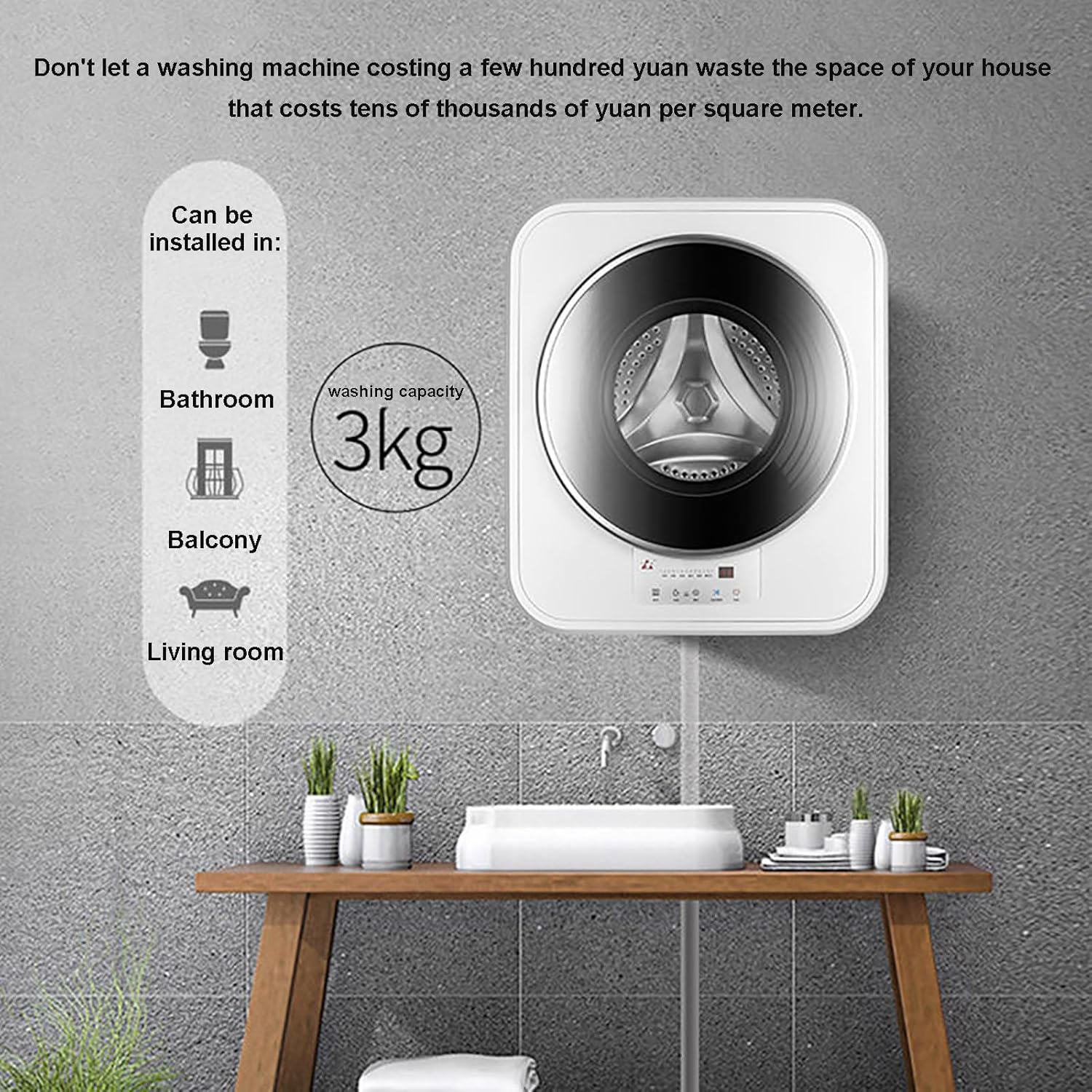 Automatic Wall-Mounted Washing Machine, 3kg Portable Compact Small Household Washer, Drum Inverter Washing Machine, Mini Laundry Machine and Drying, for Bathroom