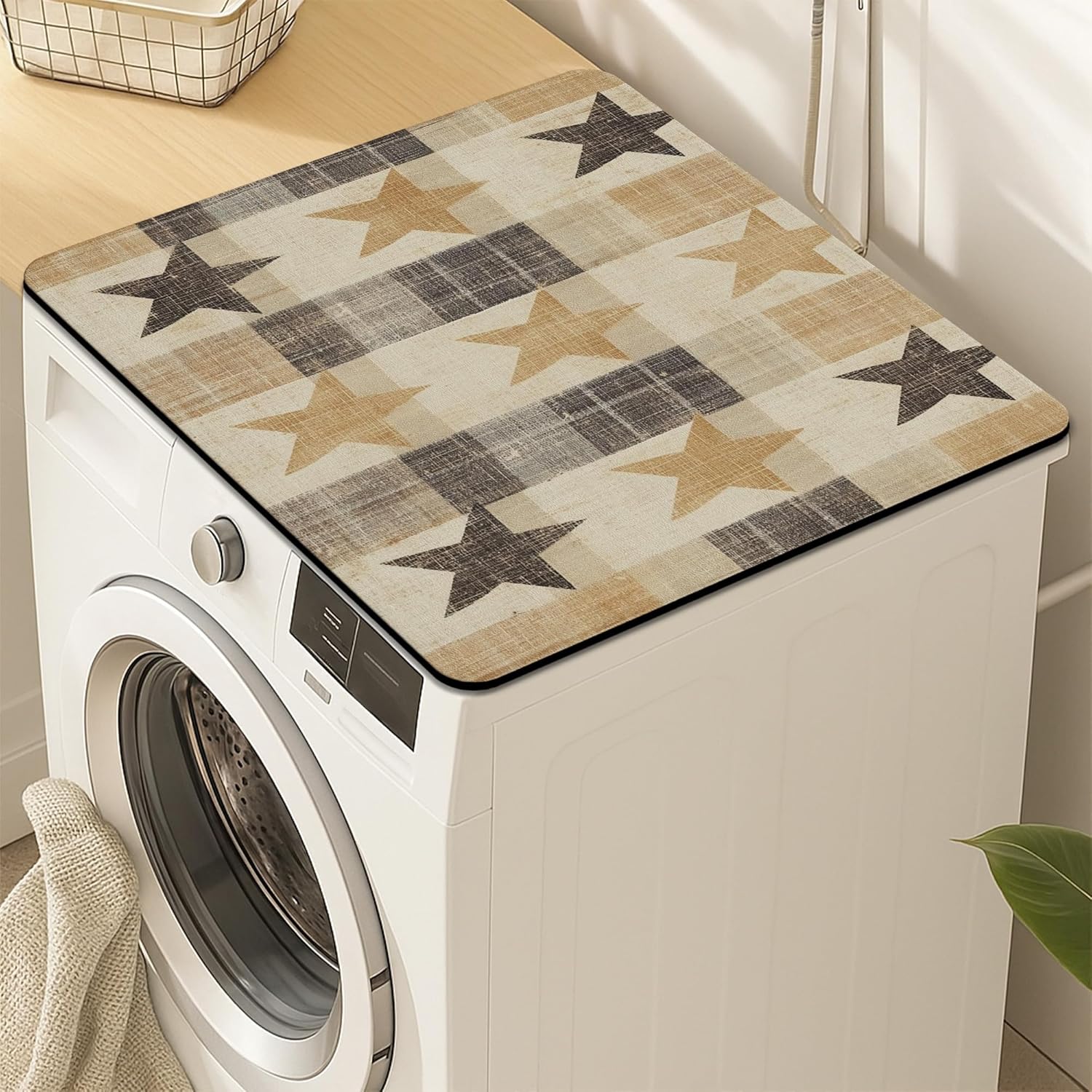 Rustic Star Washer Dryer Top Protector Mat, Farmhouse Style Laundry Machine Dust Covers, Cozy Vintage Rustic Anti-slip Waterproof Washer And Dryer Mats for Laundry Room 24x24 Inch