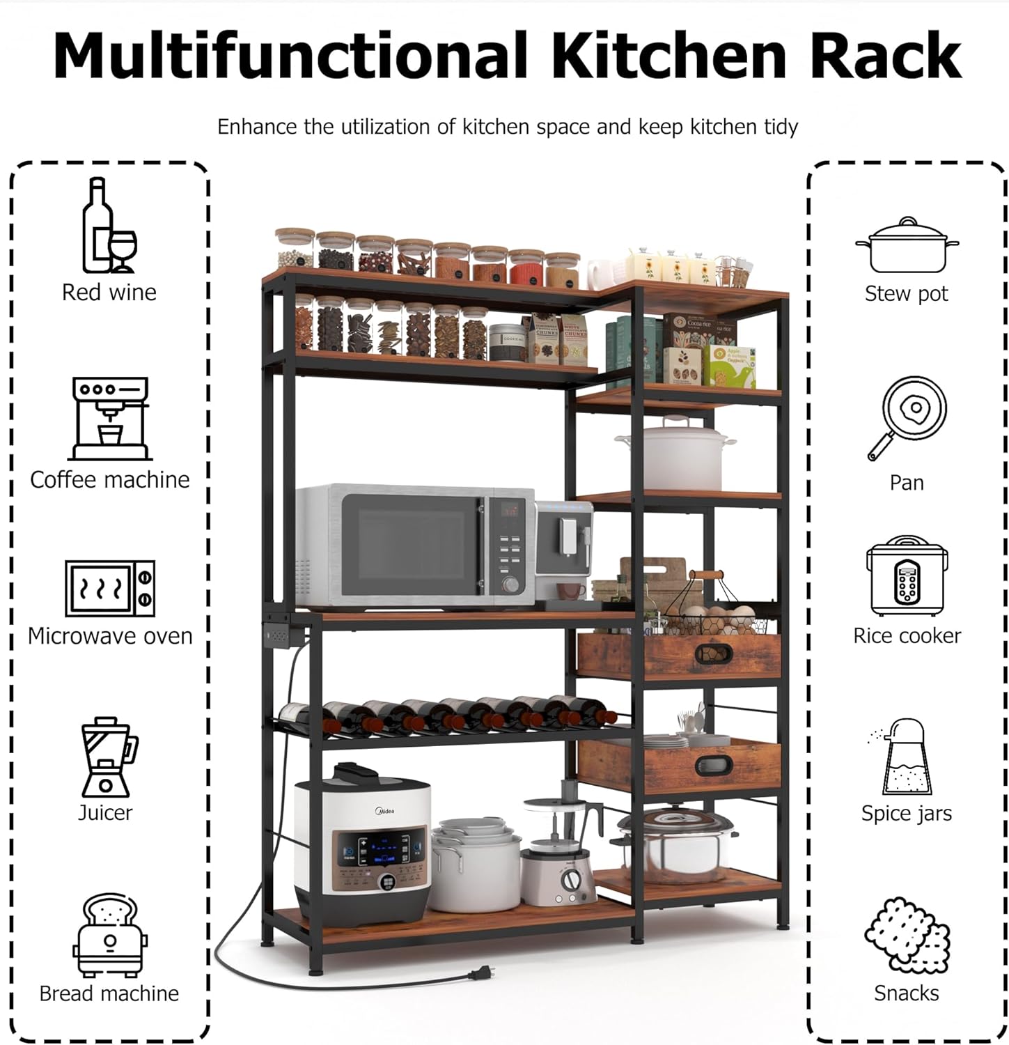 Bakers Rack with Power Outlet,Industrial Microwave Oven Stand with Wooden Serving Trays and Wine Rack,6-Tier Free Standing Kitchen Storage Shelf Bakers Rack,Kitchen Rack Organizer with Storage