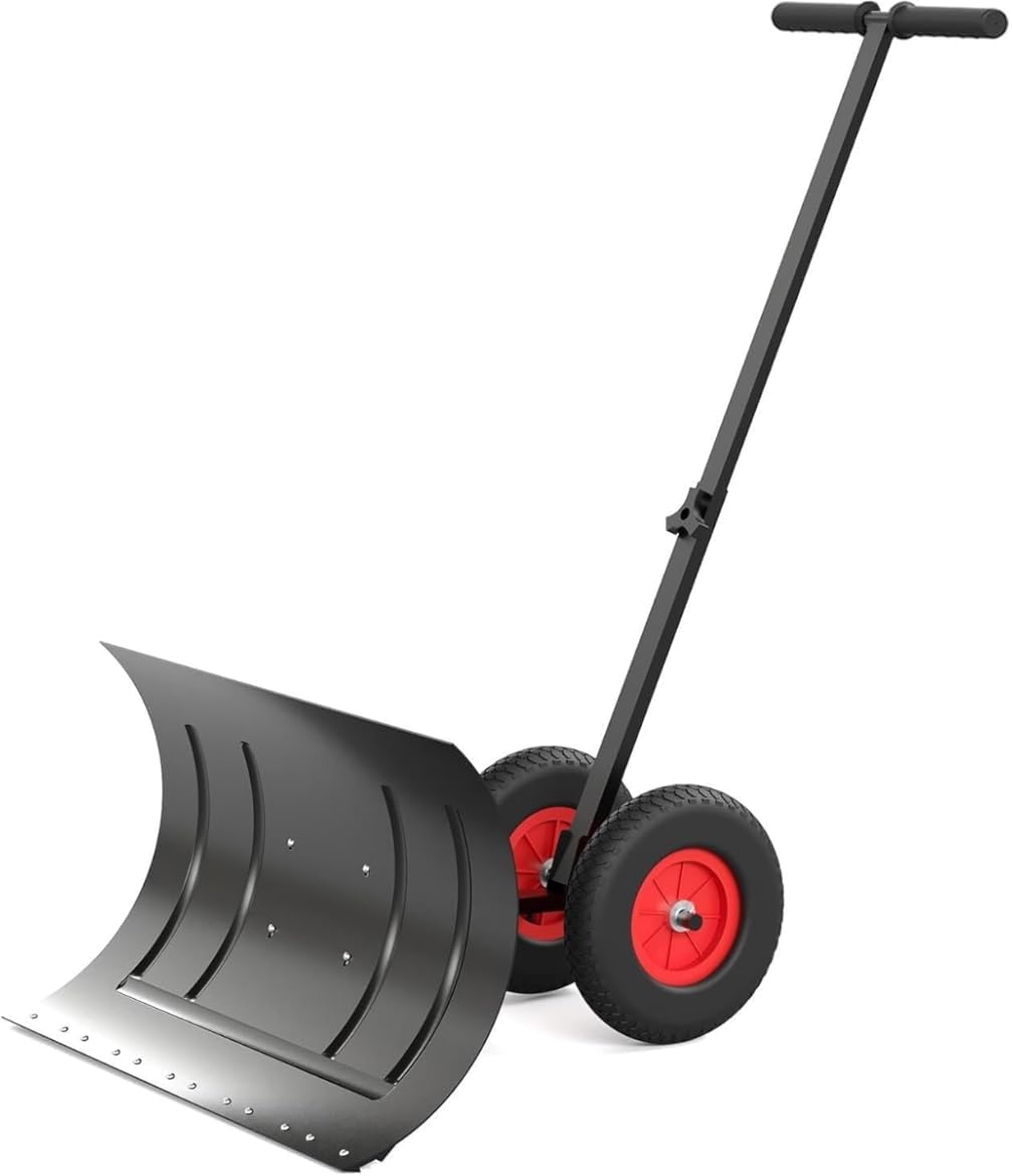 Heavy-Duty Rolling Snow Shovel with Wheels,74 x 42 cm Manual Metal Snow Shovel with Handle,5 Positions Height Adjustable