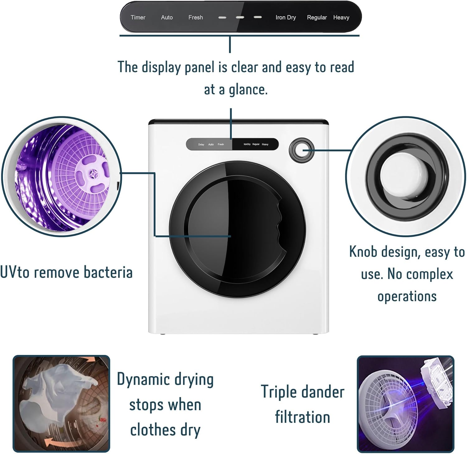 Clothes Dryer, 970w, 1.6 Cu.Ft. Machine for laundry with Stainless Steel Drum, 11lbs with Exhaust Hose,Digital Control, Auto Stop with Hygrometer Sensor, Dryer for Apartments, Home, RV, Dorms