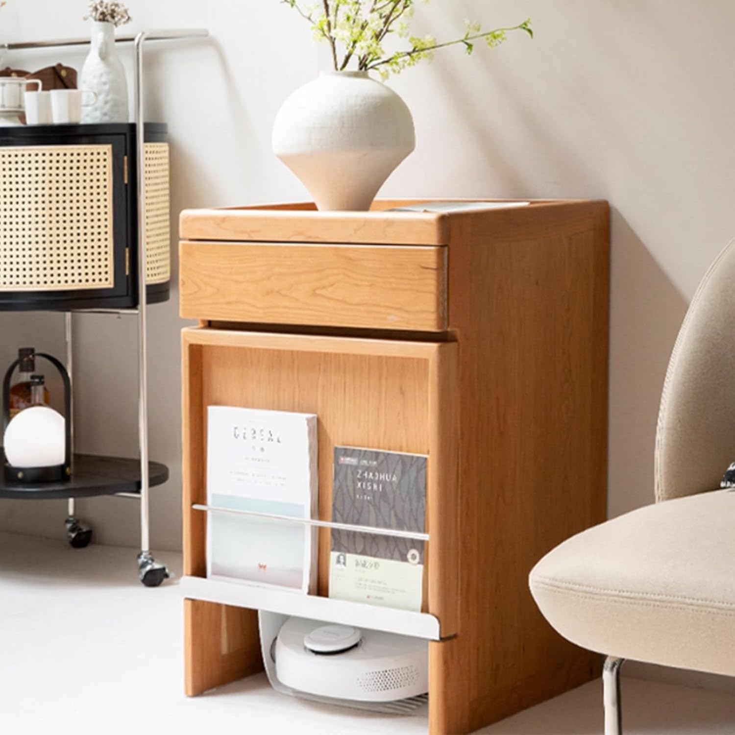 Storage Cabinet With Doors And Drawers For Robot Vacuum Cleaner,Wood Accent End Side Table For Living Room, Home Office(Yellow)