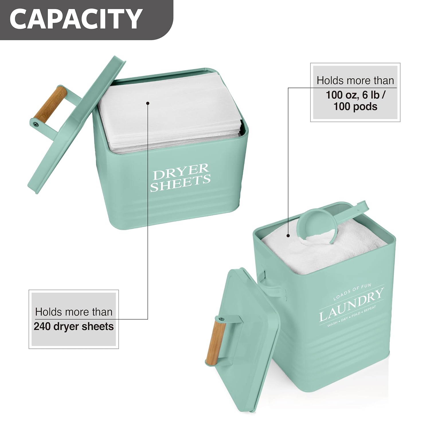 Calindiana Modern Farmhouse Lint Bin, Dryer Sheets Holder and Laundry Powder Pods Container Bundle for Laundry Room Organization and Storage, Laundry Room Decor, Mint