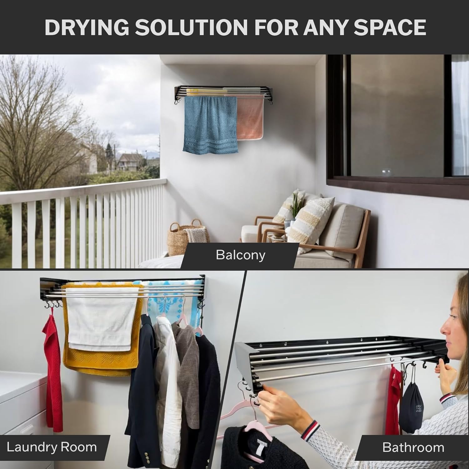 Wall Mounted Laundry Drying Rack, Retractable & Foldable, 31.5