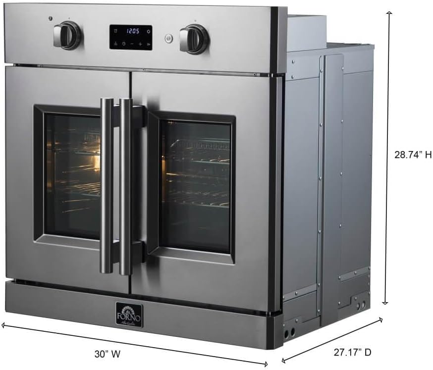 FORNO Asti 30-Inch Electric French Door Stainless Steel Wall Oven - 2470V 3500W 3.68 Cu. Ft. Electric with LED Display Screen and Safety Lock - Wall Oven with Telescopic Racks with Air Fry & Drip Tray
