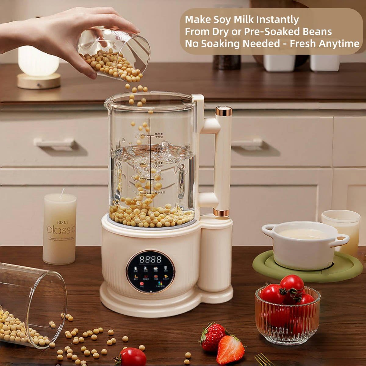 8-in-1 Automatic Soy Milk Maker, 50.72oz Nut milk maker blender for Almond/Oat/Soy Milk, Juice, Milkshake, Rice Paste, glass blender with LED Display, Auto Clean, 24H Delay Start & 12H Keep Warm