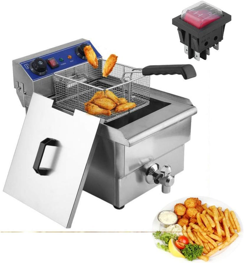 Electric Deep Fryer, 13L/26L Stainless Steel Commercial Electric Deep Fat Fryer Temperature Control Timing Fryer with Drain & Basket,Single Tank/Dual Tank (13L Single Basket)