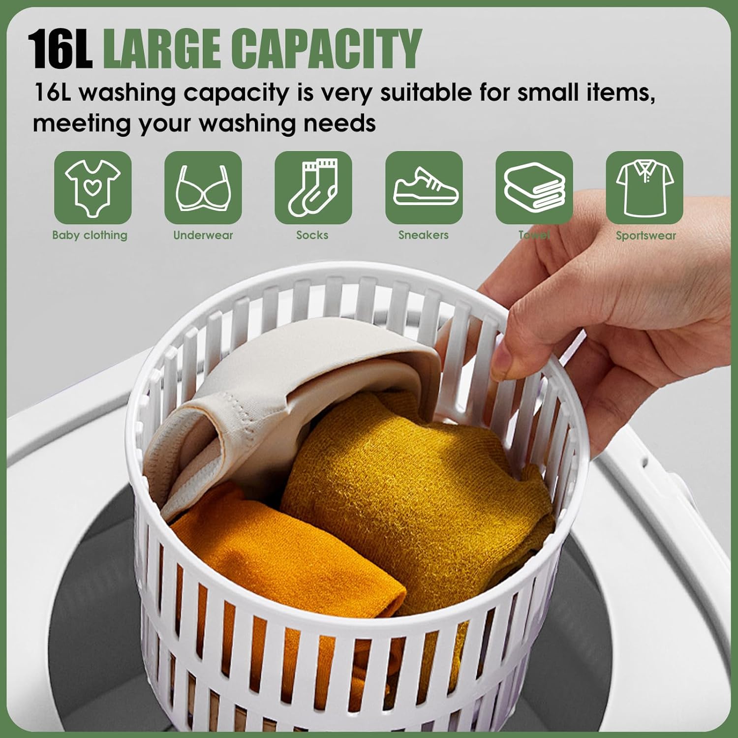 Portable Washing Machine 16L Mini Laundry Washer 3 Modes with Spin Basket Laundry Machine Cleaning Depth Underwear,Baby Clothes Small Shirt for Apartments Dormitories Hotels and Camping (Green)