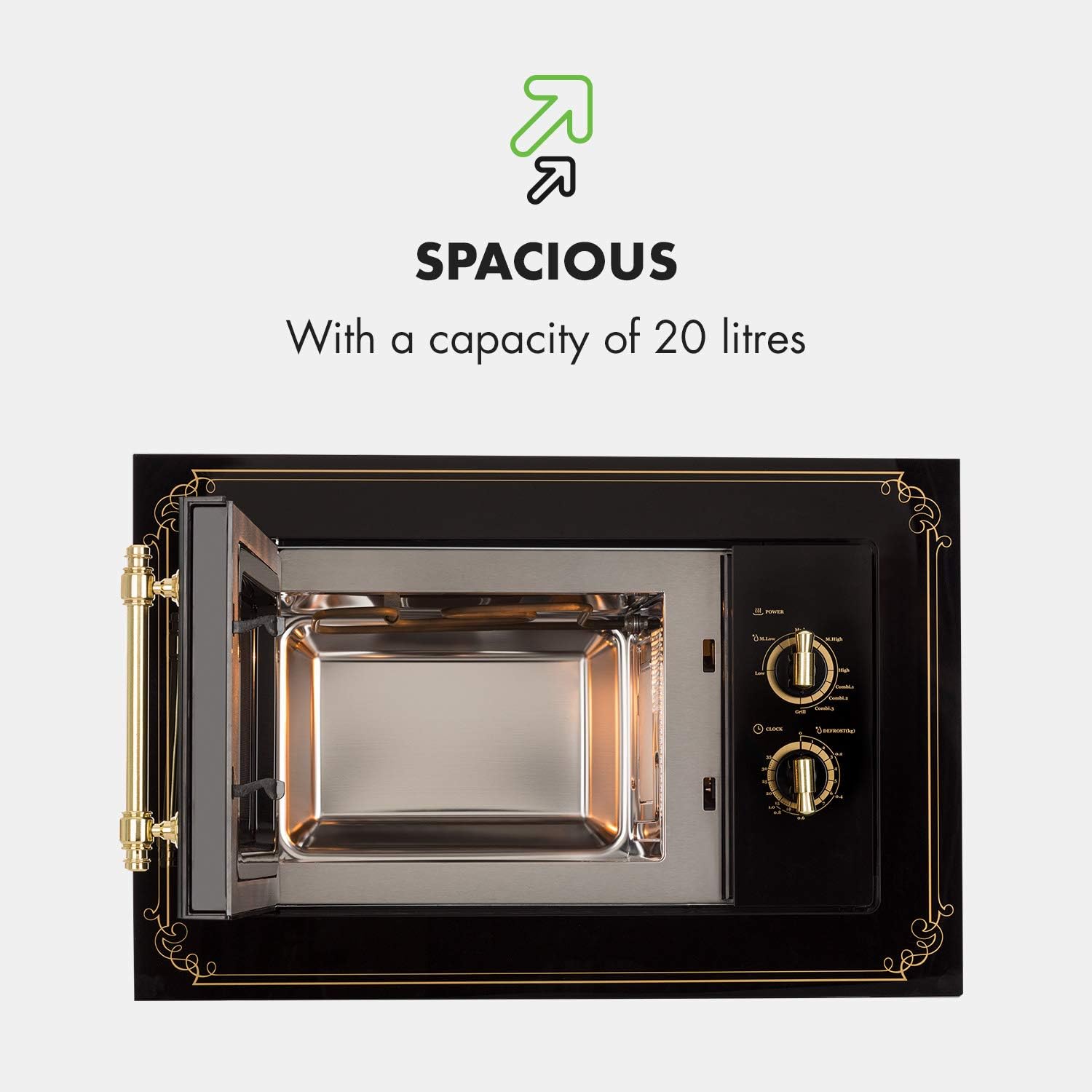 Klarstein Victoria 20 Built-in Microwave, Retro Design, 20L, 800W Microwave/1000W Grill Power, 3 Functions, Stainless Steel, Mounting Frame, Black